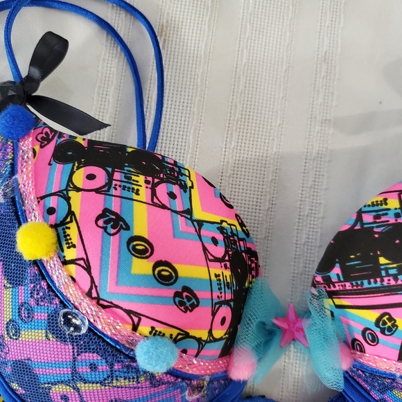 Native Intimates Rave Bra 36B /  Blue Pink Beads Boom radio Print Push Up bra - Picture 8 of 11